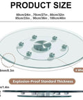 Round Tempered Glass Lazy Susan Turntable Smooth Operator showing size dimensions and aluminum shaft with wheels.