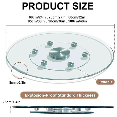 Round Tempered Glass Lazy Susan Turntable Smooth Operator showing size dimensions and aluminum shaft with wheels.