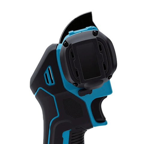Heavy Duty Cordless Angle Grinder And Mini Circular Saw Pumping 12000 RPM close-up side view, showcasing handle and guard features.