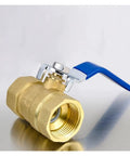 Built Tough Solid Brass BSP Thread Ball Valve With Heavy Duty Lever Handle And Cool Green Vinyl Grip For Foolproof Water Oil And Gas Line Plumbing Up To 300 Psi With Zero Drama, showcasing brass material and blue handle.