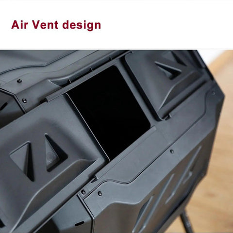 Close-up of ventilation holes on Dual Chamber Compost Tumbler 160L With Sliding Doors, High Capacity Outdoor Bin For Garden, Kitchen And Yard Waste, 360 Degree Tumbling, Ventilation Holes, Solid Steel Frame.