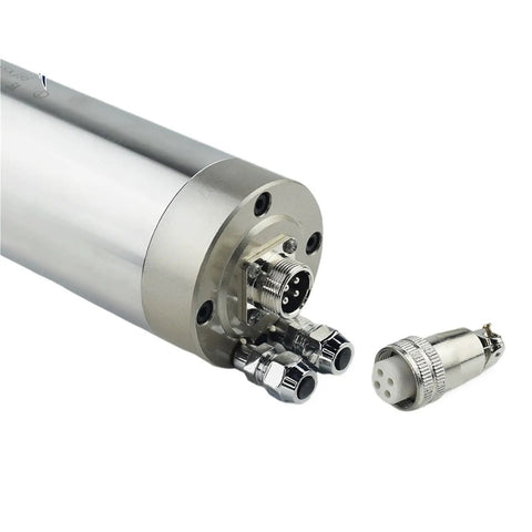 Pro Grade 800 Watt Water Cooled Spindle Motor ER11 Collet 65 mm By 195 mm connections and locking mechanism close-up.