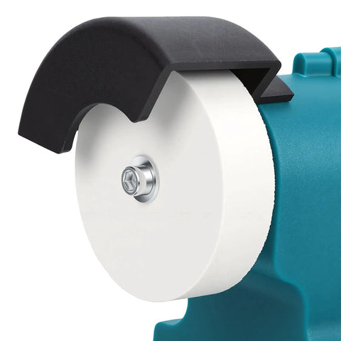 Detail of dual grinding wheel on cordless bench grinder featuring heavy duty copper motor for quick metal sharpening.