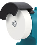 Close-up of the wheel on a Kickass Compact Cordless Bench Grinder Featuring A Beefy 21V Motor That Takes Standard 18V Batteries.