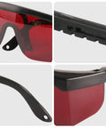 Top Shelf Red Laser Safety Glasses With Slick Visibility Boost And Flexible Adjustable Frames To Beat Eye Fatigue On Busy Job Sites Plus Comes With A Nifty Hard Shell Case, close-up of frame and lens details.