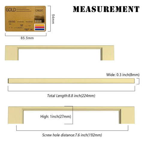 10 Pack Brushed Gold Cabinet Pulls And Drawer Handles With 7.5 Inch Size And 192 mm Hole Centers Crafted From Heavy Duty Zinc For An Easy Install That Will Totally Boost Your Kitchen Aesthetic And Give Your Cupboards A Major Glow Up Right Quick showing dimensions including length, width, and hole distance.