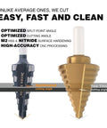 Two Jerax M2 HSS quick-change step drill bits, 3/16–7/8 in, black and brass, double-fluted