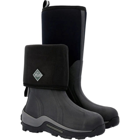 Mens Arctic Sport Tall Winter Boots In Black Featuring Heavy Duty Built Tough Outsole And Dang Snug Fleece Interior For Knockout Insulation, front view with neoprene shaft and rugged outsole.