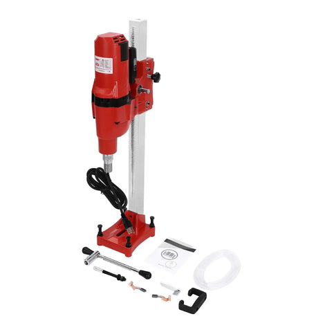Workhorse Diamond Core Drill Machine With Heavy Stand, 4250W 500RPM Copper Motor Built For Wet Concrete And Masonry Coring, Dead Simple Depth Control And Safety Clutch, 10 Inch Bit viewed from the side with accessories.