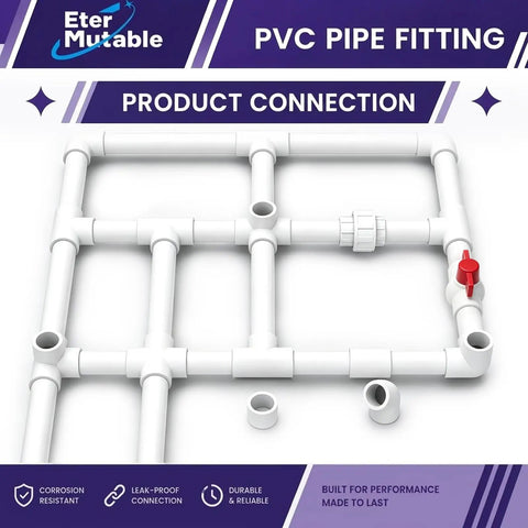 Six Pack Heavy Duty PVC Shut Off Ball Valves Featuring One Inch NPT Female Threads And Red T Handles Rated To 150 PSI with pipe fittings.