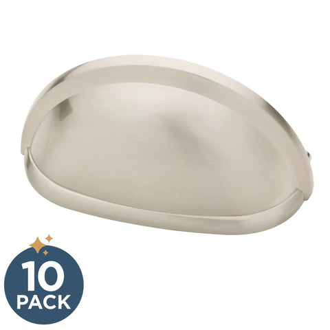 Clean Rustic Nickel Cabinet Pulls With Sweet Slick Finish Perfect For Refreshing Kitchen Cabinets And Bathroom Drawers Easy Grip Design Features Solid Three Inch Spacing And Comes With Durable Ten Pack Knockout Quality For Home Upgrades. Close-up of a single bin cup pull with a brushed nickel finish.