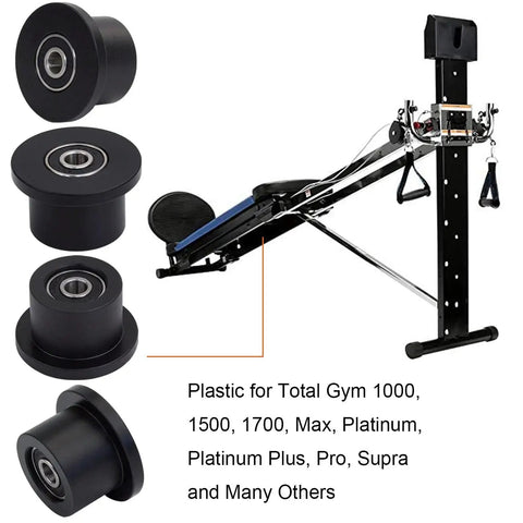 Rock Solid Replacement Glide Rollers Set Of Four For Cross Trainer Equipment With Fully Sealed Bearings And Smooth As Butter Gliding Fits Nearly Every Major Home Gym Model, showing three replacement rollers with sealed bearings.