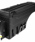 Ultimate Top Tier Heavy Duty Rear Toolbox Rack For Ford Ranger 2019 To 2021 matte black sturdy storage container side view.