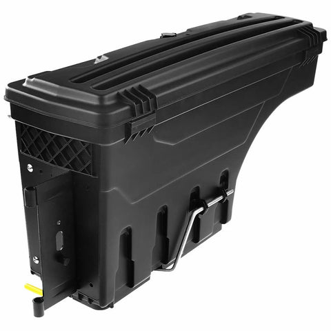 Ultimate Top Tier Heavy Duty Rear Toolbox Rack For Ford Ranger 2019 To 2021 matte black sturdy storage container side view.