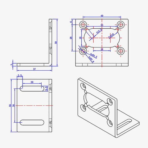 Detailed schematic drawing of Solid Build 31ZY Dc Worm Gear Motor Mount Bracket with dimensions and hole placements.