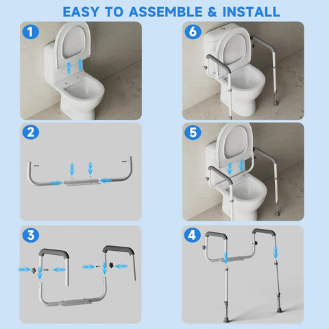Step-by-step assembly guide for Adjustable Toilet Safety Rails For Seniors With Locking Mounts To Seat Holes for easy installation.