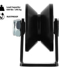 Heavy Duty 2 Inch V Groove Sliding Gate Casters Built Tough With Rock Solid Steel For Silky Smooth Gliding Action Rust Proof Coating Fits Standard 90 Degree V Tracks Comes As Four Pack side view showcasing durable 2-inch wheel and load capacity.