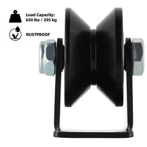 Heavy Duty 2 Inch V Groove Sliding Gate Casters Built Tough With Rock Solid Steel For Silky Smooth Gliding Action Rust Proof Coating Fits Standard 90 Degree V Tracks Comes As Four Pack side view showcasing durable 2-inch wheel and load capacity.