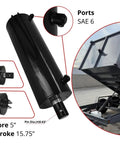 Heavy Duty Workhorse Double Acting Hydraulic Cylinder For Dump Trailers 5 Inch Bore 15.75 Inch Stroke 3500 Psi displayed with connections and dump trailer.