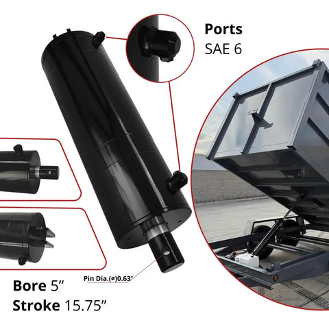 Heavy Duty Workhorse Double Acting Hydraulic Cylinder For Dump Trailers 5 Inch Bore 15.75 Inch Stroke 3500 Psi displayed with connections and dump trailer.
