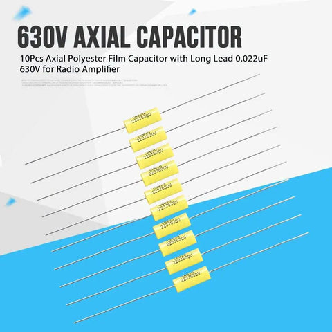 Top Shelf Polyester Film Capacitor Kit 630V 0.022uF Axial Leads displayed in ten-piece arrangement for vintage radio projects.