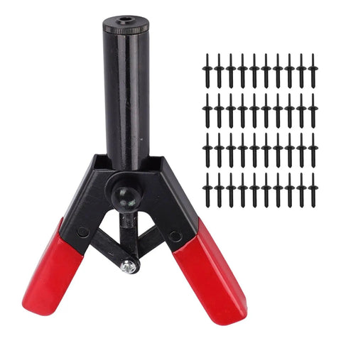 Ergonomic Plastic Rivet Gun Kit with 41 piece assorted nylon rivets and fastener removal tool featuring non-slip red grips.