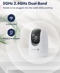 2K Indoor Security Camera With 2.4 And 5GHz WiFi Night Vision And 24 Seven Recording placed on a table, plug and WiFi icons shown