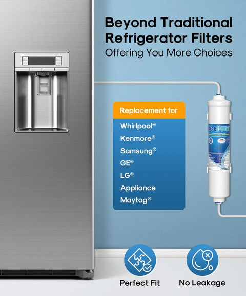 Top Shelf Inline Water Filter For Refrigerator And Ice Maker NSF Certified mounted beside fridge, designed for multiple brands and easy installation.