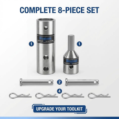Rock Solid Two In One Trailer Jack Drill Adapter For One And Half Inch Drive Shafts Rust Resistant Stainless Steel Construction Compatible With Cordless Power Drills Hassle Free For Rv Towing complete 8-piece set with drill adapters and pins