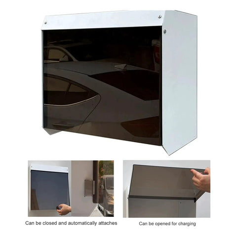 Kickass Heavy Duty EV Charger Cover Includes Thick Canopy Fabric To Block Rain And Snow While Guarding Your Setup Against Dirt And Debris Year Round, side view with open canopy.