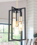 Dope Industrial Farmhouse 3 Light Pendant Fixture In Black And Gold, Rectangular Geometric Metal Cage, Kitchen Island Lighting