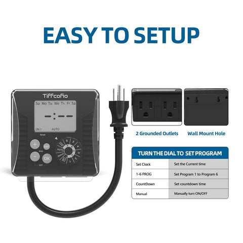 Heavy Duty Outdoor Pool Timer with Rotating Dial and 6 Easy Programs Waterproof Design with 2 grounded outlets and setup instructions.