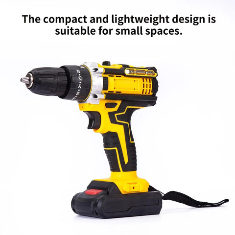 21V cordless drill designed for compact spaces, highlighting its lightweight design and quick-change bits for easy use.