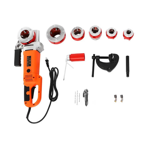 Built Like A Tank Electric Pipe Threader Machine With Six Interchangeable Die Heads and Portable Ratchet Grip for quick metal conduit cutting.