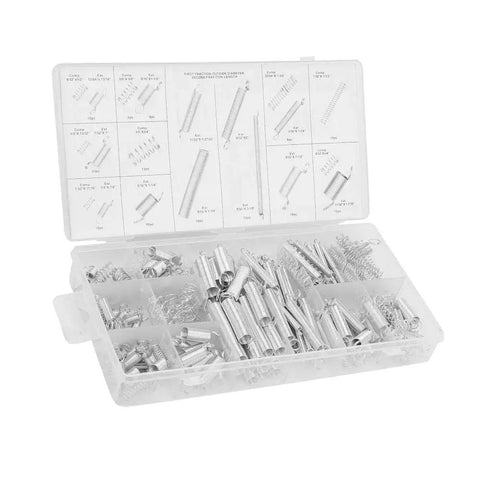 Solid 200-Piece Spring Assortment Kit With 20 Varying Sizes Of Durable Zinc Plated Extension And Compression Springs Perfect For Quick Home Repairs, DIY Fix-Ups And Serious Crafts Without Hassle. Open organizer box with assorted zinc-plated springs