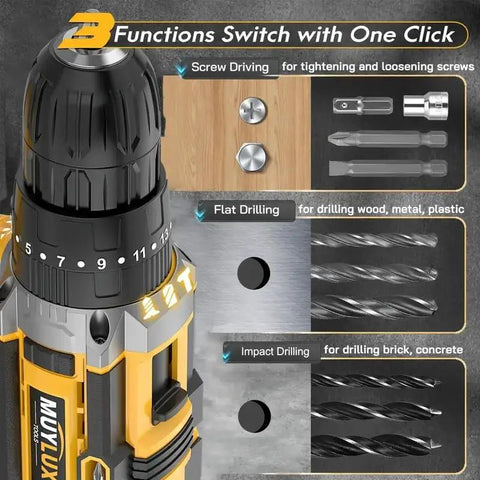 Mean Machine 20V Cordless Drill Driver Set Featuring 3/8 Inch Automatic Spindle Lock Chuck, showing functions for screw driving, flat drilling, and impact drilling.