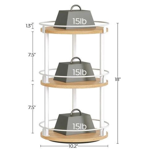Three Tier Lazy Susan Rotating Spice Rack Featuring Smooth Ball Bearing Turntable System For Hassle Free Pantry Access White Natural Wood Countertop Organizer with dimensions 10.2 x 18 inches.