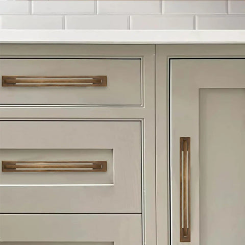 Five Piece Heavy Duty Antique Brass Cabinet Pulls With Backplates 5 Inch Center To Center Handles on modern kitchen drawers.