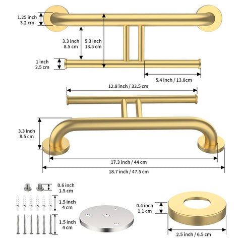 Heavy Duty Brushed Gold Handicap Grab Bar With Integrated Toilet Paper Roll Holder And 304 Stainless Steel Build Offer Kick Ass Grip And Drip Worthy Wall Mounted Bath Safety Rail For Real Ones Who Want Solid Support dimensions and installation hardware.