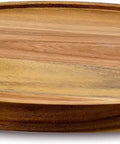 Smooth As Butter 14 Inch Solid Acacia Wood Lazy Susan Rotating Turntable Locks kitchen spices and condiments on a wooden round tray.