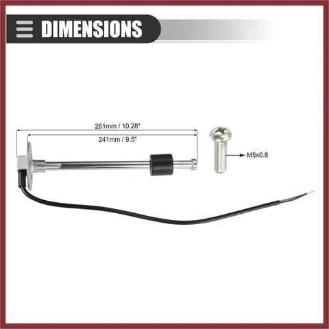Built Tough Heavy Duty Universal Marine Fuel Sending Unit Top Shelf Float Gauge Sensor dimensions showing 241mm length and M5 screw.