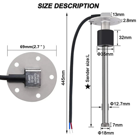 Heavy Duty Stainless Steel Fuel Sending Unit For Cars Trucks And Boat Tanks With 240 To 33 Ohm Gauge Reading and Ten Inch Stem.