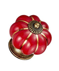 Hand Painted Red Ceramic Pumpkin Cabinet Knob with Steel Screws, featuring gold accents, ideal for kitchen drawers and vanities.