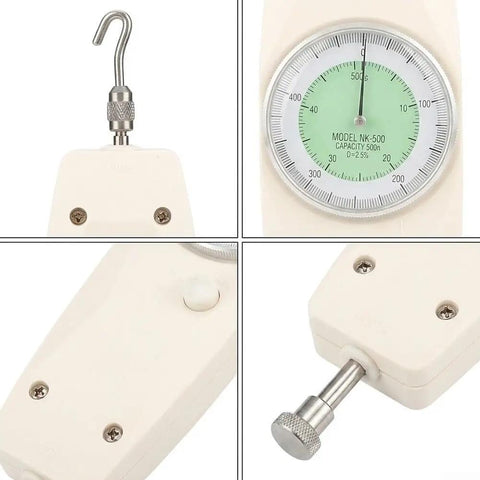 Dead On Reliable Analog Push Pull Force Gauge 500N Dial Meter No Batteries Needed Bully Proof Abs Body Crisp Needle Readings close-up of hook and dial