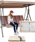 Outdoor Swing Canopy Replacement Cover For 3 Seater Universal Patio Swing Waterproof Top Cover Beige 84X48X7To9 Inches Rain Or Shine All Weather Durable Windproof Sunproof Easy Fit Garden Swing Chair Hammock with woman sitting.