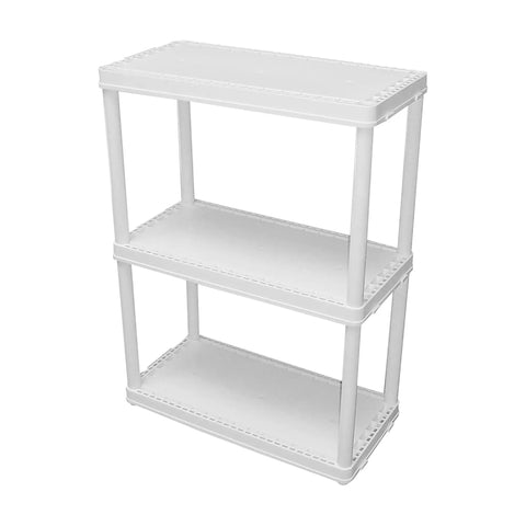 No Sweat 3 Tier Storage Shelving Units In Fresh White, 2 Pack Of Interconnectible Closet Organizers, lightweight plastic, 3 shelves.