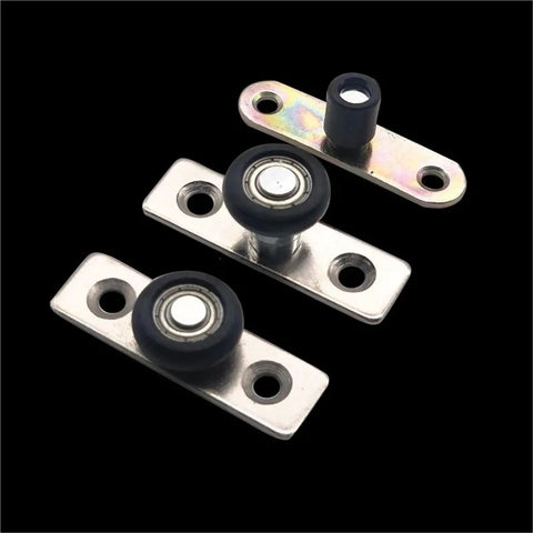 Top Shelf Nylon Sliding Door Pulley Guide Wheel With Bottom Track Pendulum Stopper Crafted For Dead Silent Glides And Stick Free Room Divider Install D13mm, showing three guide wheels on black background.