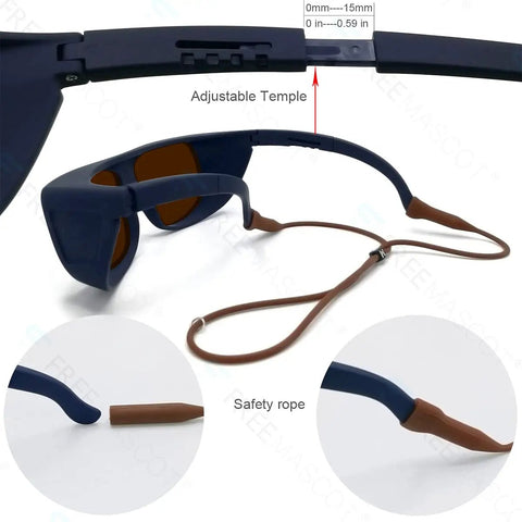 Heavy Duty Laser Safety Glasses Featuring Kickass Optical Density Six Plus Shielding For Blue Violet Green And Infrared Ranges with adjustable temple and safety rope.