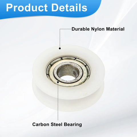 Close-up of 8 Pack White Nylon U Type Groove Guide Bearings 6Mm ID 22Mm OD 7Mm Thick with Carbon Steel core.
