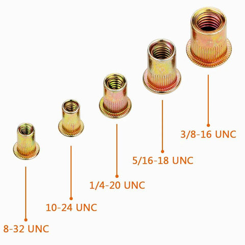 Rivet nuts set with five knurled flat-head carbon steel inserts in UNC sizes 8-32 to 3/8-16.